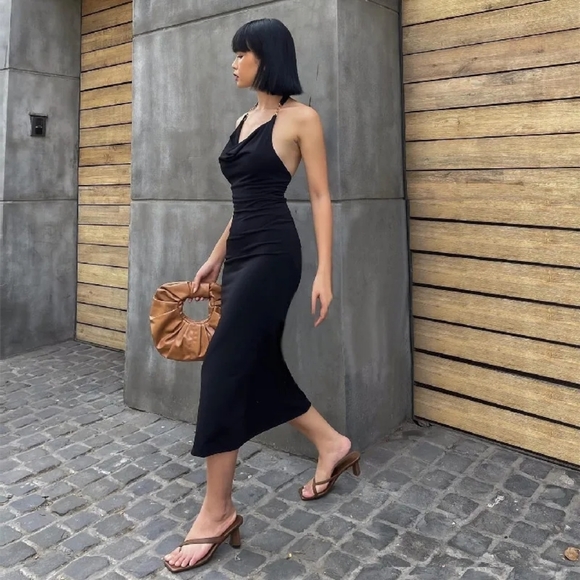 Halter Bodycon Midi Dress Women Sleeveless Backless Solid Color Slim Long Dress - Picture 5 of 5